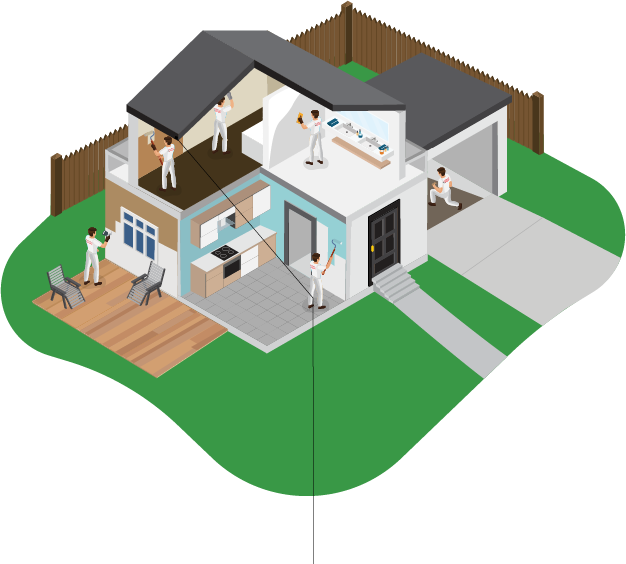 House illustration highlighting where Exterior Trim and Wood Repair work is done